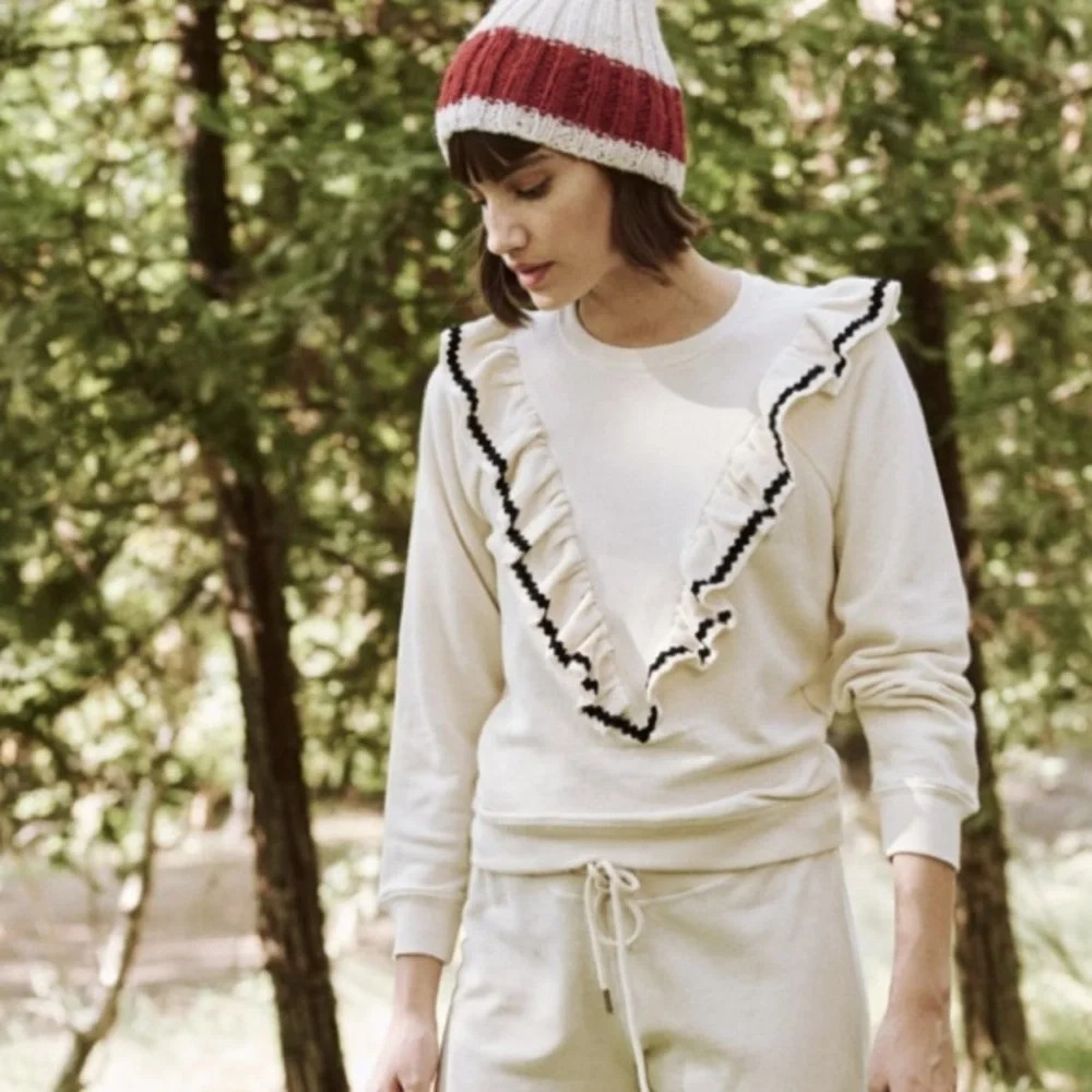 THE GREAT. The Shrunken Ruffle Sweatshirt Washed White Casual Women’s XS - Picture 2 of 10